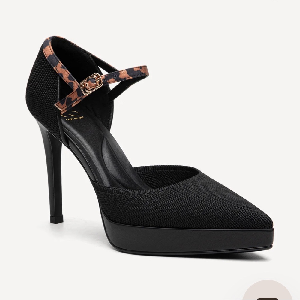 Black Pointed Mary Jane Heels with Leopard Ankle Strap